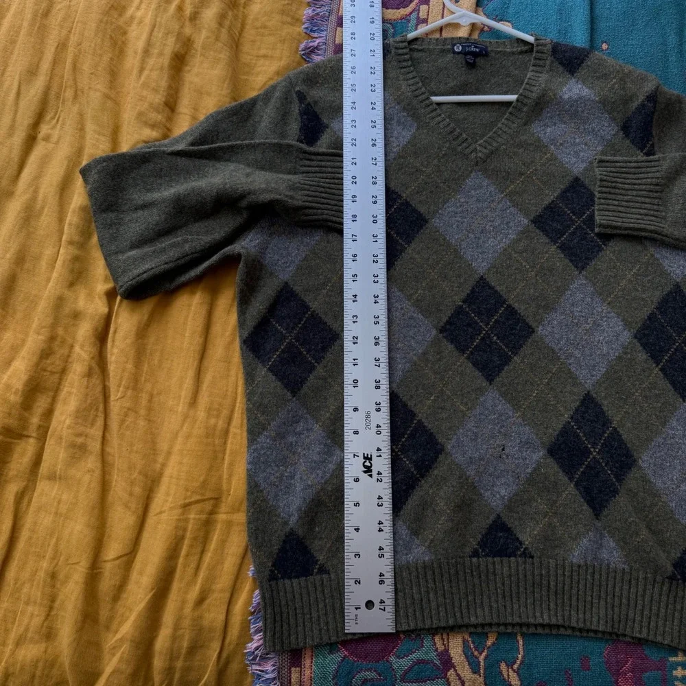 J.Crew Mens Lambswool Argyle V-Neck Sweater‎ Olive Green Grey Large L